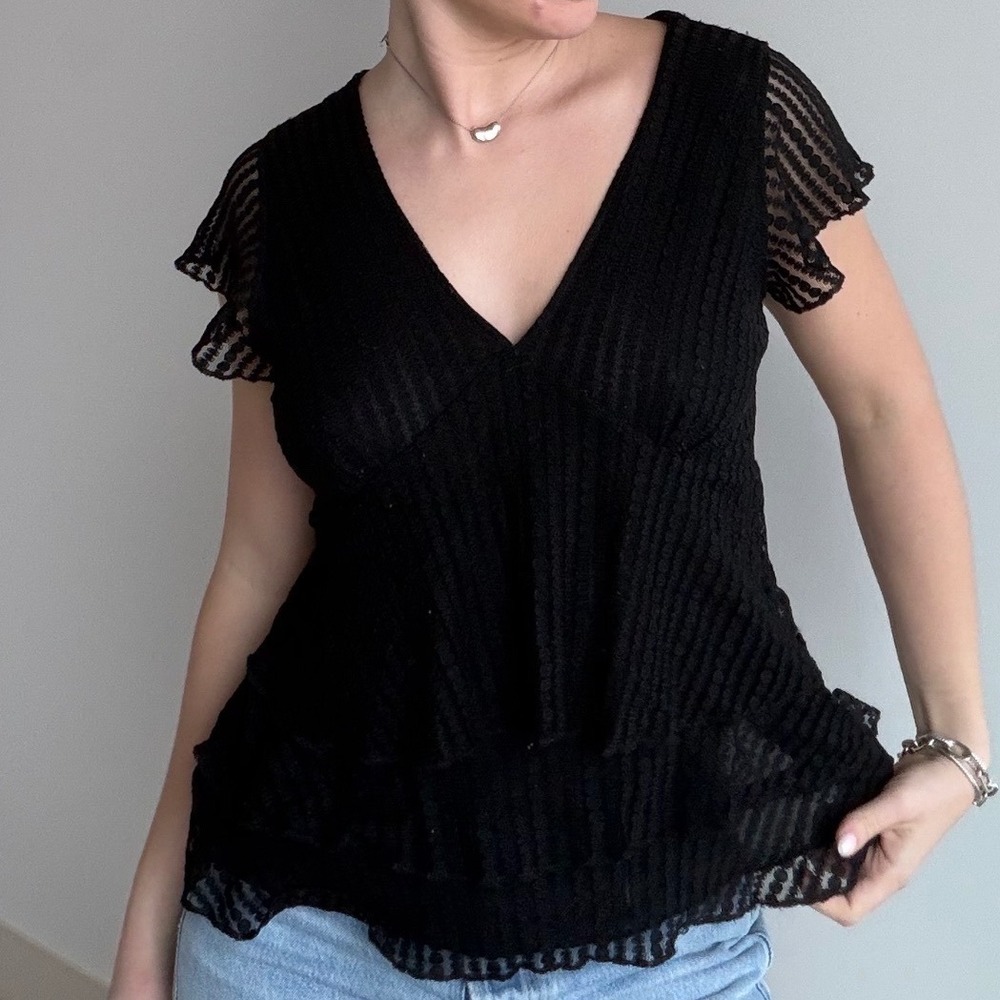 Vintage Josephine Chaus Mesh Lace Plunge Tiered Top